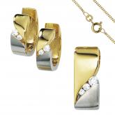 Schmuck-Set 333 Gelbgold bicolor mit 7 Zirkonia weiß Creolen, Anhänger und Kette 42 cm | Sets