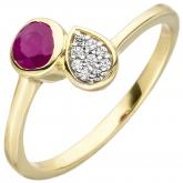 Damen Ring 333 Gelbgold mit Rubin und 9 Zirkonia weiß | Edelsteine