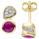 Ohrstecker 333 Gelbgold mit 2 Rubinen und 18 Zirkonia weiß rund und Tropfen | Edelsteine
