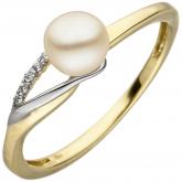 Damen Ring 333 Gelb-/Weißgold mit weißer Süßwasser-Zuchtperle und 6 Zirkonia weiß | Weißgoldschmuck