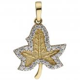 Anhänger "Ahorn-Blatt" 333 Gelbgold mit 35 Zirkonia weiß | JOBO