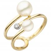 Damen Ring 585 Gelbgold mit 2 Süßwasser-Zuchtperlen weiß und ein Brillant | Perlen