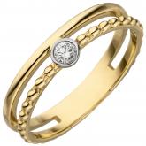 Damen Ring 2-reihig 585 Gelbgold mit Brillant rund gefasst bicolor | Gelbgoldschmuck