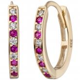 Creolen oval 333 Gelbgold mit 20 Zirkonia weiß-rot | Edelsteine