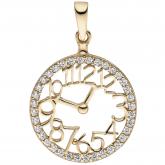Anhänger "Uhr" 333 Gelbgold mit 36 Zirkonia weiß | JOBO
