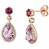 Ohrstecker 585 Rotgold mit 2 Amethysten, 2 Rhodolithen und 56 Brillanten | Rosé- und Rotgoldschmuck