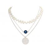 Collier 3-gliedrig 925 Silber mit weißen Zuchtperlen, Blue Saphir und Anhänger ROMANTIK | Perlen