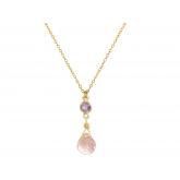 Collier vergoldet mit Amethyst violett und Rosenquarz-Tropfen 45 cm | Edelsteine