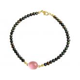 Armband vergoldet mit Tahiti- Grau-Zuchtperlen und Rosenquarz- 18 cm | Vergoldet