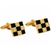 Herren-Manschettenknöpfe - Edelstahl/vergoldet mit Feueremaille schwarz und weiße Kristall | Herrenschmuck