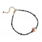 Armband vergoldet mit Roh-Diamanten schwarz und Zuchtperle  lachsfarben | Perlen