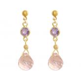 Ohrstecker vergoldet mit Amethysten und Rosenquarz-Tropfen | Edelsteine