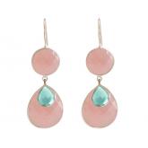 Ohrhaken 925 Silber Chalcedone hellblau und Rosenquarze ca. 6 cm | Edelsteine