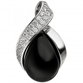 Anhänger 925 Sterling Silber mit Onyx schwarz und Zirkonia weiß Tropfenform